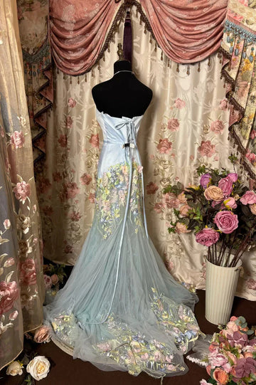 Dreamy Baby Blue Sweetheart Neck Floral Embroidery Satin Tulle Prom Dress Evening Dress Formal Dress HZ1023